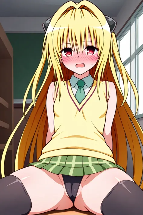  1 girl, one,  long hair,  slightly open mouth ,  in school uniforms, green skirt, yellow sleeveless sweater,  white slayer under the sweater, green butterfly tie, black stockings,  open eyes,  mouth slightly open, very embarrassed face, disturbances,   Tu...