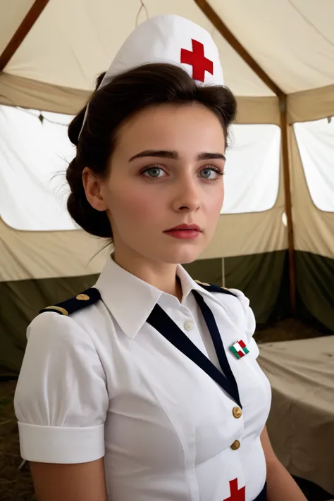 A dead 22 year old brunete polish nurse from 1941 looks at me worried about me.in the tent wearing a uniform 