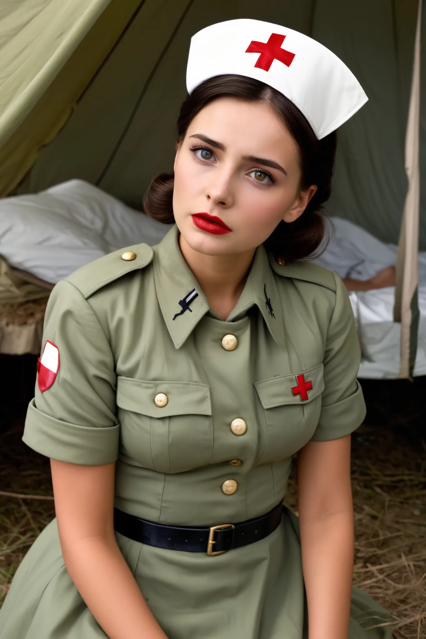 A dead 22 year old brunete polish nurse from 1941 looks at me worried about me.in the tent wearing a uniform 