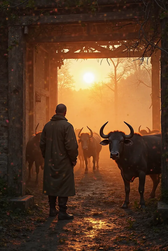 The same stable in the morning, filled with buffaloes – The mansion owner standing near his buffaloes in the stable as the morning sun rises, looking content, while the thief secretly watches in disbelief.