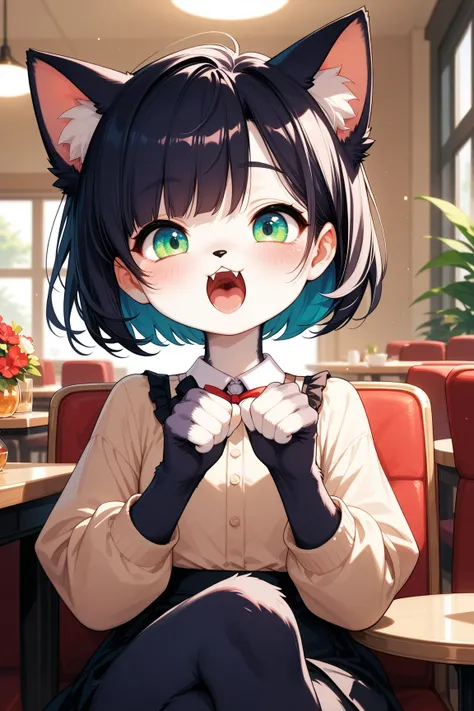 1 cute Girl ,cute fur ,furry, cat face\sham cat, cat girl, (Alluring, blush, tooth, bob cut\black), Extremely cute, (cross legs,  cute pose ), Cafe Background, Yawn:1.3, (TOP QUALITY:1.2, very detailed, High Detailed CG Illustration,  Soft Focus , masterpi...