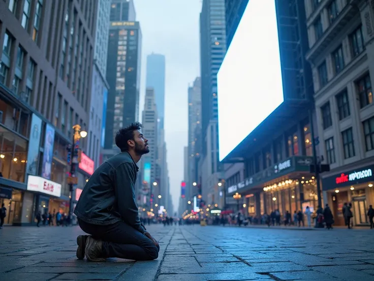 A man is knee down on a street and looking up a huge LED TV on a building, view from Bellow