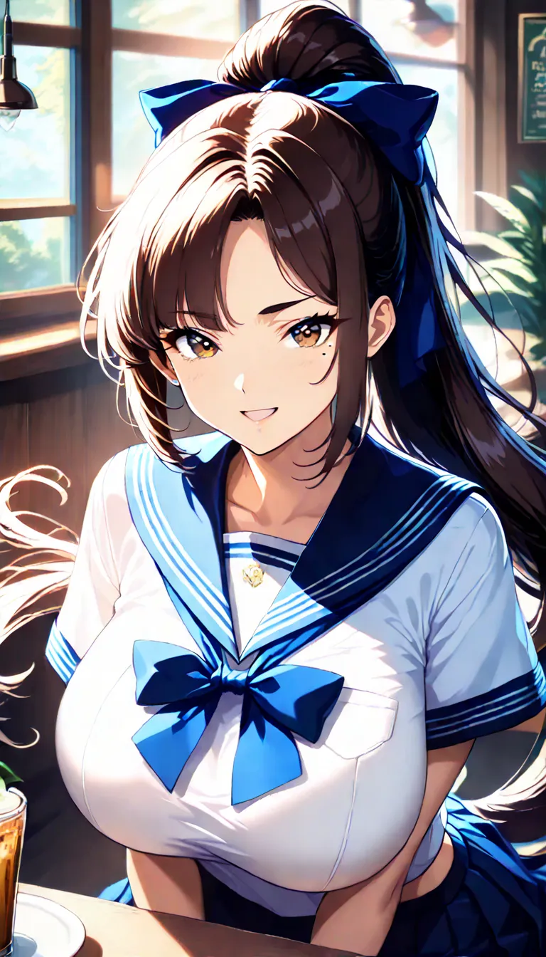  sailor suit,Draw women in more detail,beautiful detailed hair, Beautiful Detailed Face, attention to detail is beautiful,​(TOP QUALITY, 8k,  masterpiece:1.3, beautiful girl),Glowing Skin,((( long hair,ponytail, blue ribbon, beautiful hair))),(Perfect Anat...