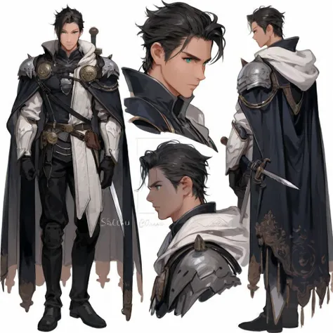 (Character Design Sheet:1.4), ( Sơ đồ kỹ thuật :1.4), Technical drawing ,male character, long hair male, intelligent personality, fairies, Asian costume , shirt features,  ideas from the character sephiroth (  in final fantasy 7) ,  Multiple views , Sơ đồ,...