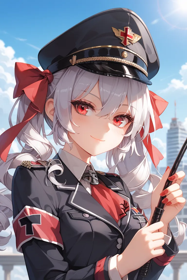 (( top quality)), ((  masterpiece)), (  details: 1.4), ( absurd), Remilia Scarlet, break racing walk forward with Remilia  ,  The sculptural figure is characteristic ,  I closed my mouth,  the body is covered in a black military uniform。,   wears a black m...