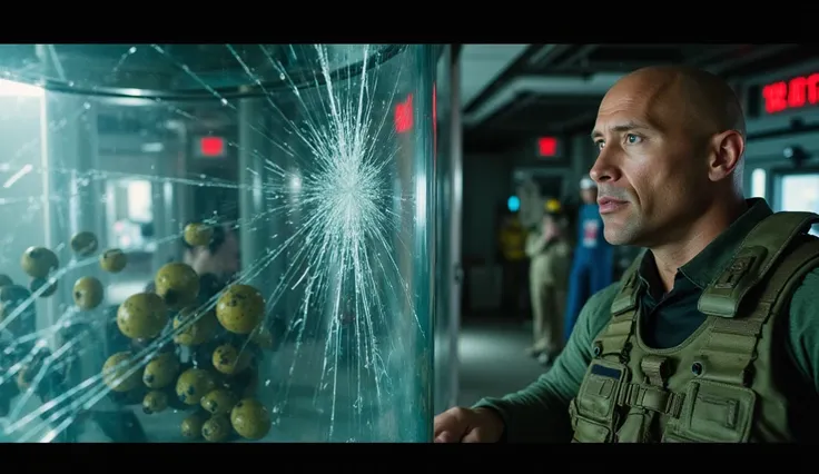 Prompt: A high-tech underground laboratory with futuristic monitors flashing red warning signs. Scientists in hazmat suits stand frozen, staring at a massive glass containment chamber filled with pulsating insect eggs. Dwayne Johnson, dressed in military t...