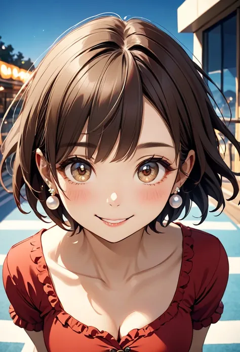 Create a modern anime-style female character with a stylish and elegant appearance. The character has very short, neatly styled brown hair with soft highlights and side-swept bangs. She has expressive, light brown eyes, blushing cheeks, and a gentle, confi...