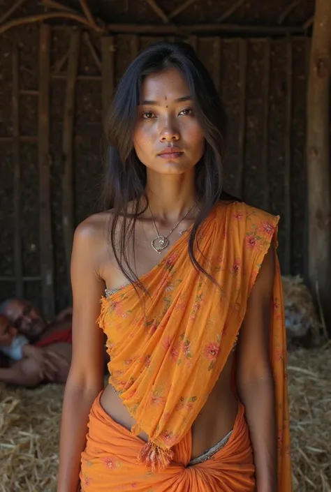 photo of a Beautiful Indian Woman with white Skin, Wearing a low cut (any colour)saree without blouse navel exposed and is inside a barn, she's tired and her saree is torn,thereis a old man on dried rice straw sleeping behind her