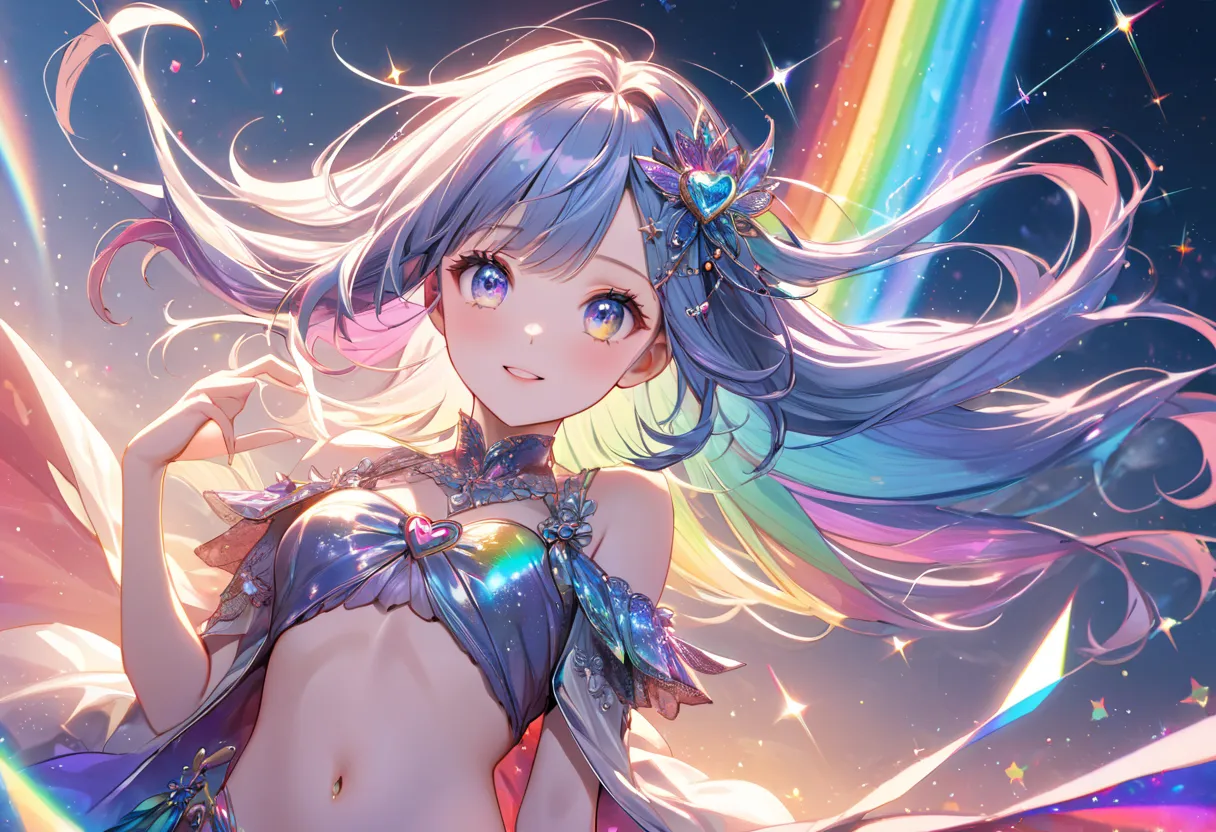 cinematic angle, face towards the sky, depthoffield, incredibly detailed, 1 girl, Fluttering long hair, flipped hair, Air bangs, side braid, streaked hair, floating hair, cute face, ,D, Bare navel, Iridescence and rainbow eyes, Beautiful accessories, super...