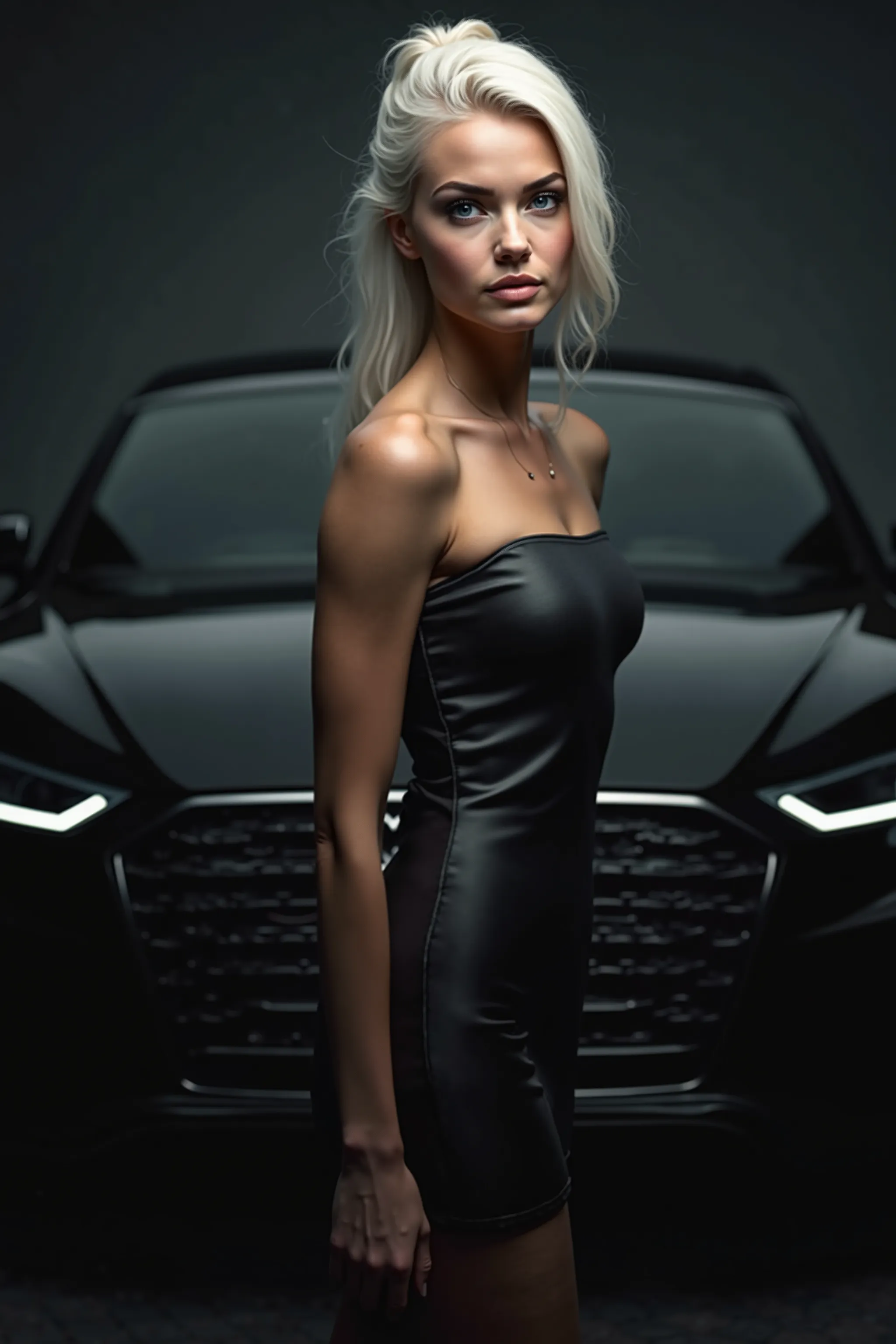 Create ultra-realistic photography .  very pretty model  ,hot,       white hair  ,     ponytail blue eyes. black satin short dress sports suit . A black Audi in the background.

