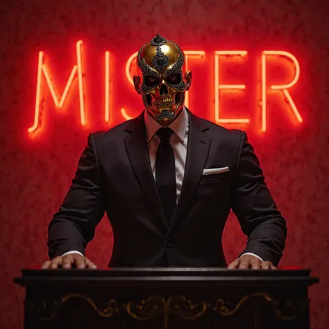 Fashion editoral photo 
A strong bodybuilder man in a black suit and a gold skeleton mask with black jewels stands behind a lectern, with Mister written on the banners in red neon