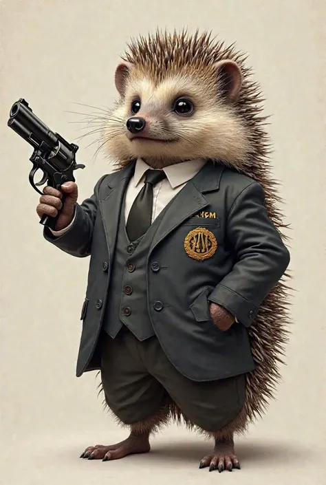 Picture a standing hedgehog wearing a desk suit with ROKM letters on it and holding a revolver in one hand