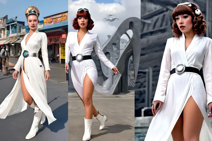 (star wars punk) lovely woman (age 25, lovely scifi hairdo, cute, flowing white robe no underwear white boots, utility belt with blaster), she is visiting a city of fish men aliens (dress in 1920s style suits, webbed feet, webbed fingers, huge eyes, 1950s ...