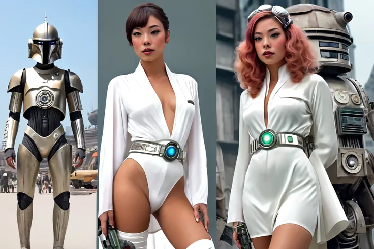 (star wars punk) lovely woman (age 25, lovely scifi hairdo, cute, flowing white robe no underwear white boots, utility belt with blaster), she is visiting a city of fish men aliens (dress in 1920s style suits, webbed feet, webbed fingers, huge eyes, 1950s ...