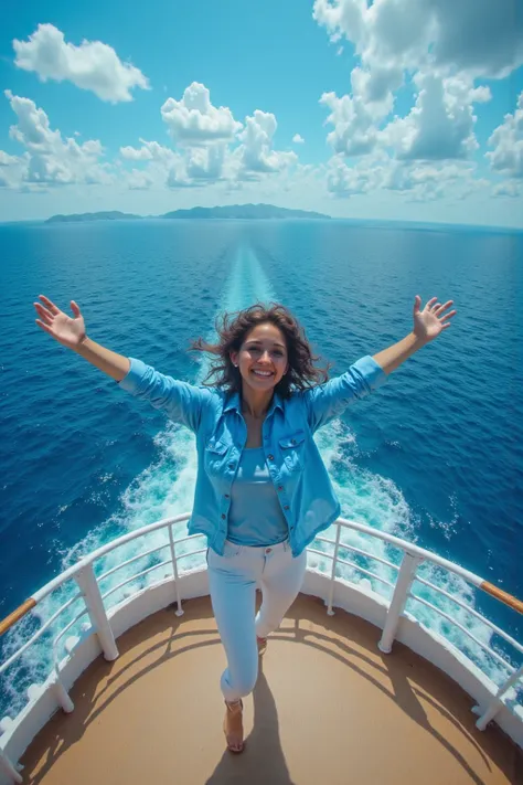 She is wearing a blue shirt and white jeans. I'm feeling the wind with open arms on the bow of a huge cruise ship.She has a bright smile.I can see the blue sea very well.