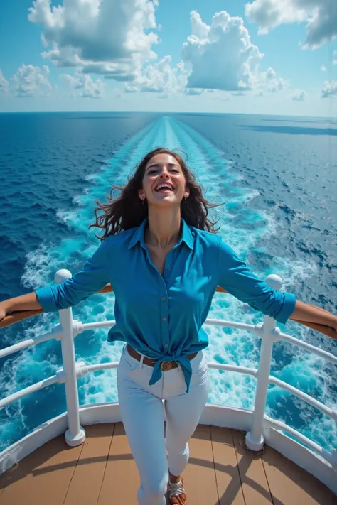 She is wearing a blue shirt and white jeans. I'm feeling the wind with open arms on the bow of a huge cruise ship.She has a bright smile.I can see the blue sea very well.