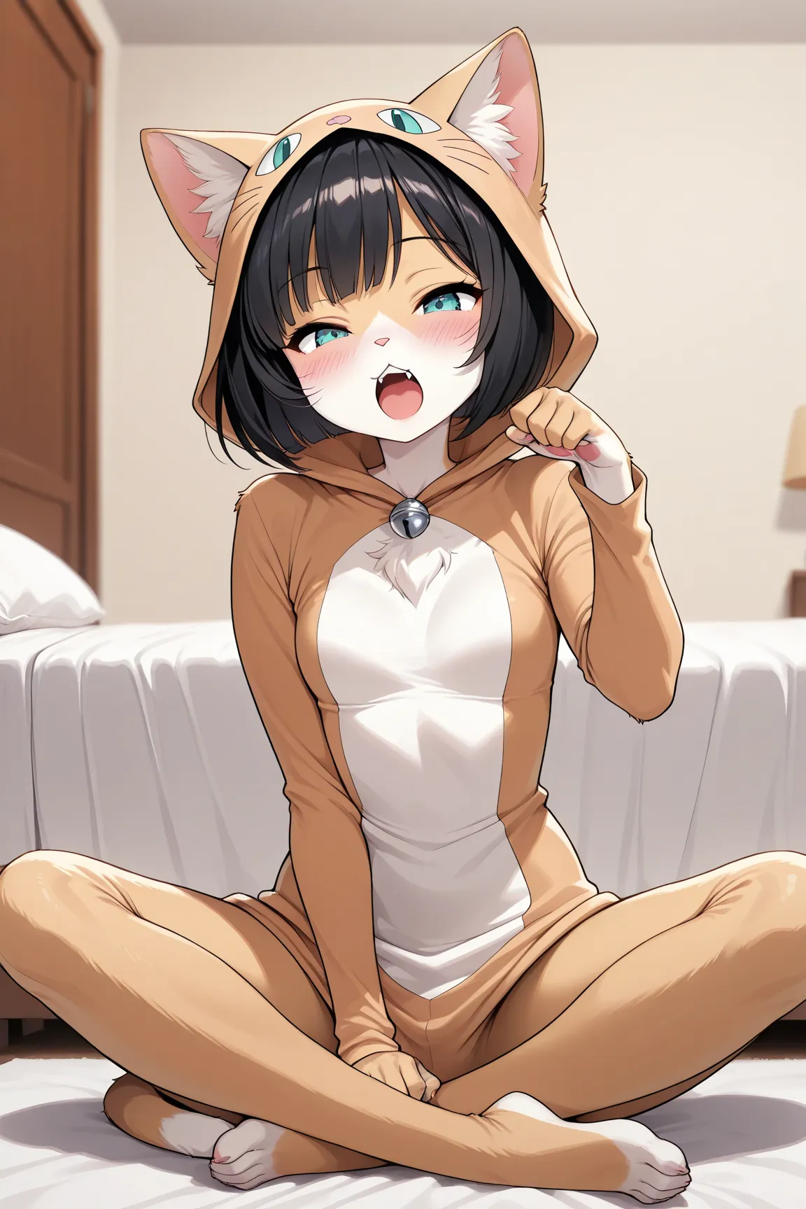 1 cute Girl ,cute fur ,furry, cat face\sham cat, cat girl, (Alluring, blush, tooth, bob cut\black), Extremely cute, (cross legs,  cute pose, 🐈 costume ), bedroom, Background, Yawn:1.3, (TOP QUALITY:1.2, very detailed, High Detailed CG Illustration,  Soft F...