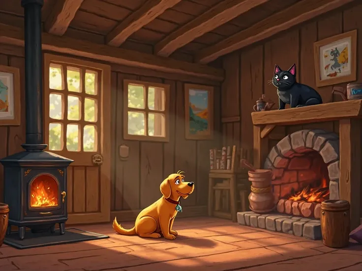 1. Cozy Cottage Introduction

"A warm, rustic cottage interior with wooden furniture, soft lighting, and a crackling fireplace. A playful golden retriever, Leo, sits on the wooden floor, wagging his tail, while a shy black cat, Luna, perches on a high wood...