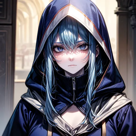 pale skinned, shining long blue haired, assassin, no expression, extremely beautiful face, hooded 