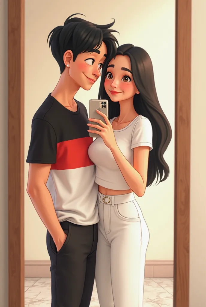 A poster in the style of Disney Pixar featuring a young man and woman taking a selfie in a mirror. The young man has short black hair and is wearing a black, white, and red shirt paired with black pants. The young woman is dressed entirely in white – a whi...