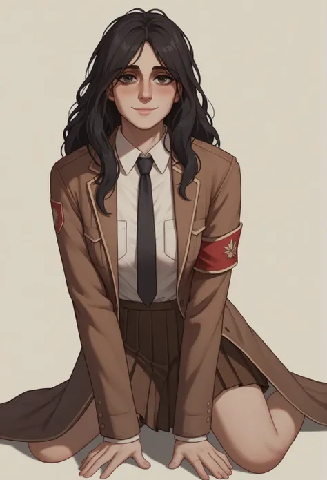 best quality, amazing quality, very aesthetic, absurdres,
1girl, pieck, pieckeldian, black hair, long hair, black eyes,
armband, breast pocket, brown coat, pleated brown skirt,
closed mouth, collared shirt, long sleeves, necktie, blushing
upper body, smile...