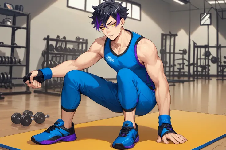 Anime man with thin black hair, yellow sharp eyes, emotionless and cold personality. Has one purple highlight, full body, solo, doing exercise, workout, blue clothes