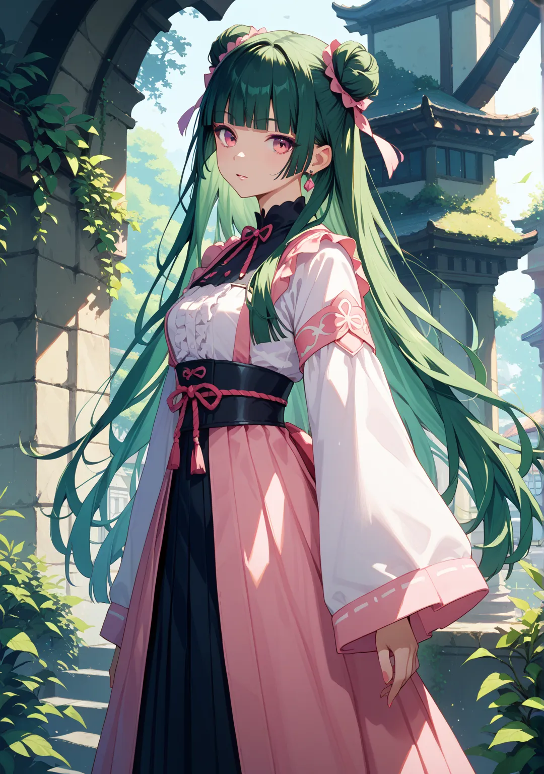  one girl,Pink Hanfu ,Dark green hair color, double bun,long hair,standing, hime_cut