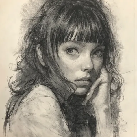 High quality, charcoal sketch, artwork, manga: 1.23, authentic: 1.1, ((a simple girl with a melancholic expression resting her chin on her hand)), lyrical atmosphere, exquisite and precise strokes, expressionism, pose from head to shoulders, medium hair, e...