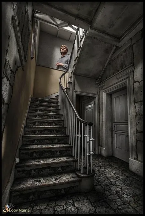 A man standing on a staircase with an iron hand