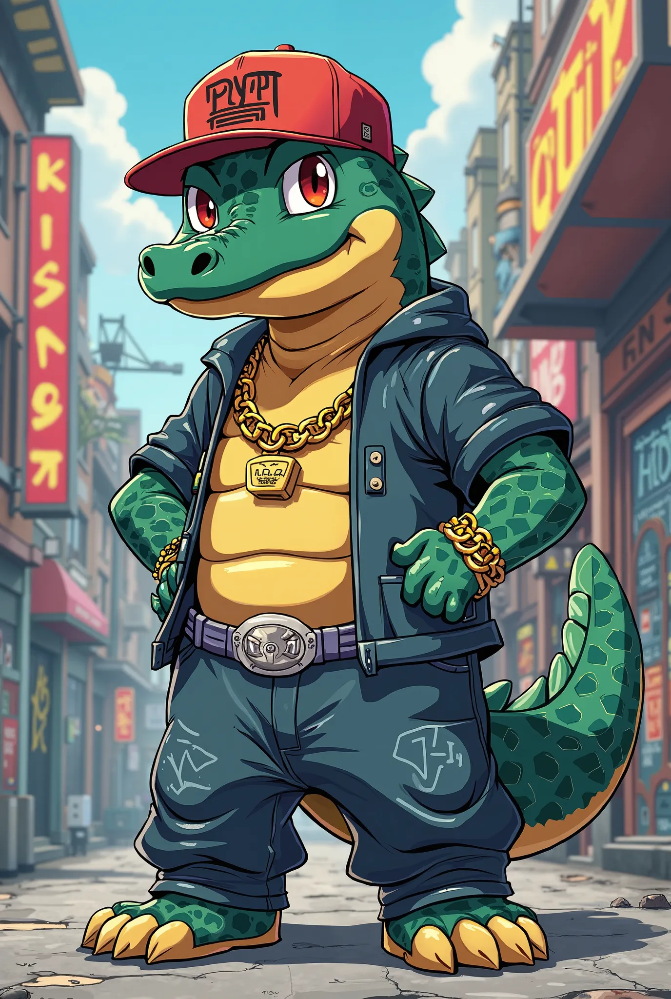 pokemon totodile, With rapper style clothes, style clothes that the drawing style is like the Pokemon cartoon