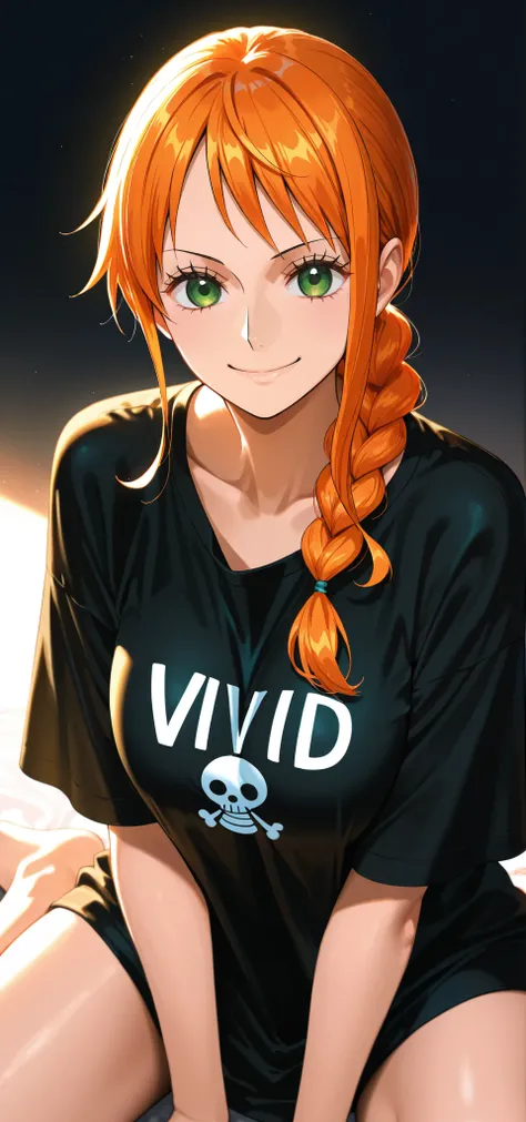 masterpiece, high score, great score, absurdres, close-up potrait, upper body, beautiful woman, Nami, one piece, orange hair, braided ponytail, beautiful green eyes, looking at viewer, smile, :), oversized black t-shirt, simple background, vivid colors, vo...