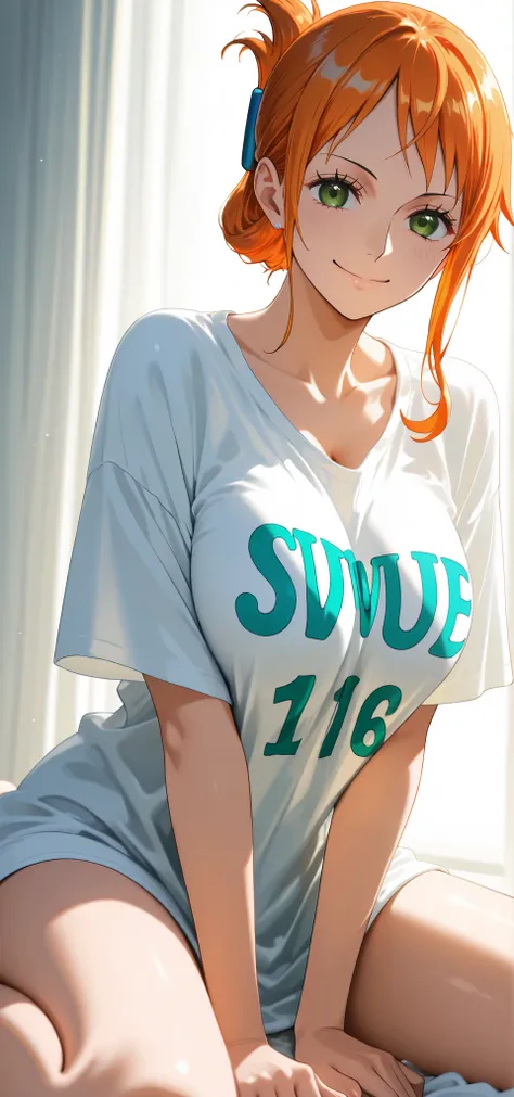 masterpiece, high score, great score, absurdres, close-up potrait, upper body, beautiful woman, Nami, one piece, orange hair, folded ponytail, beautiful green eyes, looking at viewer, smile, :), oversized t-shirt, simple background, vivid colors, volumetri...