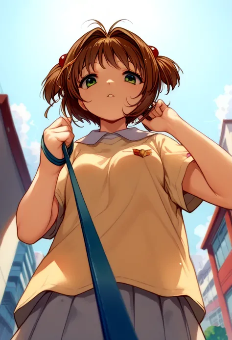 1 girl,  kinomoto sakura, Antenna Hair, brown hair on both arms,  short hair, twin tails, green eye, Hair ties　 Shameful 　Daytime in the city 　  viewer with leash　  low angle