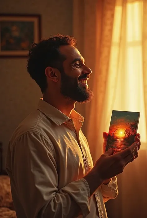 "Ibrahim smiles for the first time, his face glows with hope. The small painting in his hand symbolizes simple joy. . Warm lighting fills the room, while deciding to start again, giving up self-blame."