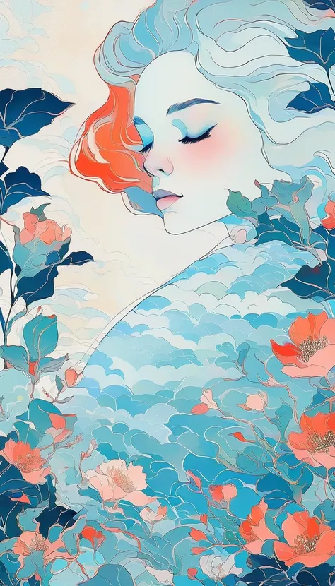 elegant sensual illustration movie poster art ,  Retro and Vintage  , Silky Flowers Around the Body , The light from the window on the back of Mattepaint , Hannah Dale, By Harumi Hironaka, Ultra soft colors,  vibrant,  pastel ,  High precision,  digital ar...