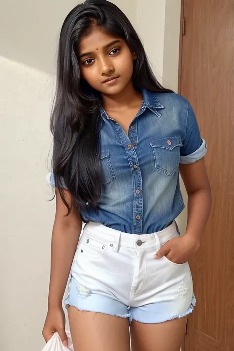    Full photo of beautiful South Indian Tamil dusky 12yo girl in shirt pulling up the jean shorts in (white young girl bloomer ) .