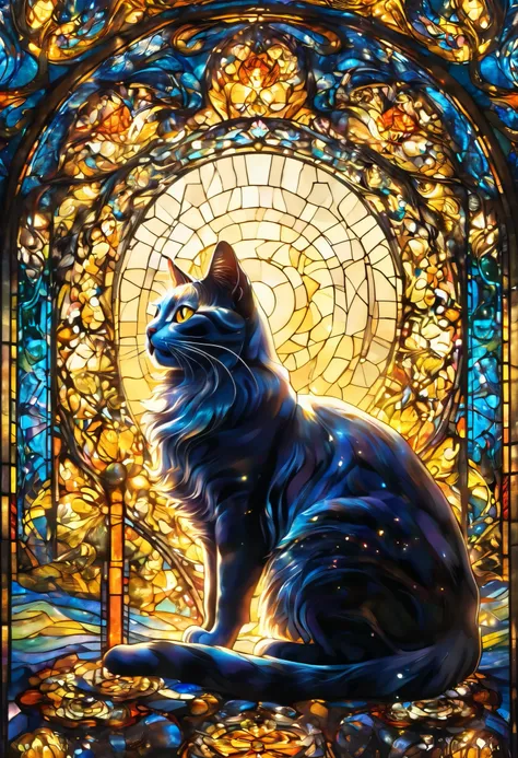 TOP QUALITY, TOP QUALITY, 16k, unbelievably ridiculous , very well detailed, Delicate and Dynamic , natural light, Particles reflect light, Diffuse reflection of light, vortex of light , magical, creepy, Super large cat , Cat God , stained glass