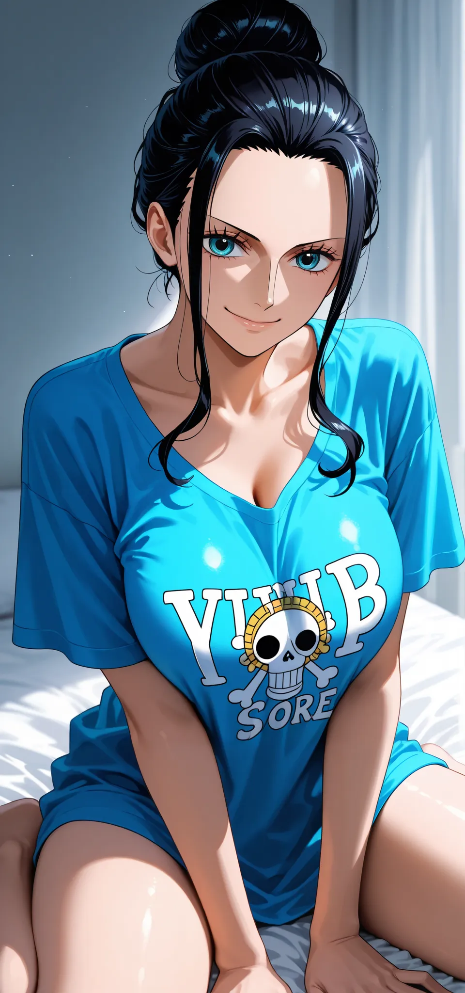 masterpiece, high score, great score, absurdres, close-up potrait, upper body, beautiful woman, Nico Robin, one piece, black hair, messy bun, hair slicked back, beautiful blue eyes, looking at viewer, smile, :), oversized t-shirt, simple background, vivid ...