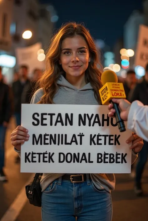 Beautiful Israeli girl aged 20 years, Gray hoodie, Carrying a typical protester banner that reads ( SETAN NYAHU MENJILAT KETEK DONAL BEBEK ) , Blue jeans, Zoom camera, front view, There is a hand in a formal 3/4 long sleeve white shirt holding a reporter's...