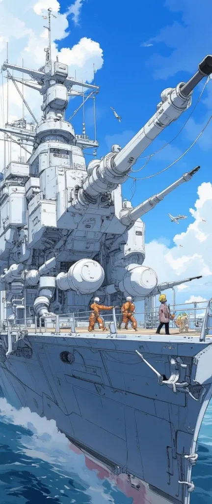 Space Battleship,Main gun,Guns,High Angle Guns,bridge,Planes in the Distance,mechanical,Floating Islands,blue sky,cloud,