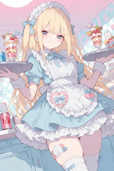 illustration, best quality, dramatic lighting,aiu,r17329_illu,usnr,masterpiece, best quality, 8k, highres, ultra-detailed,HDR, UHD, illustration, best quality,
,1girl, long blonde hair, blue eyes, hair bow, cute maid outfit, frilly dress, apron, thigh-high...