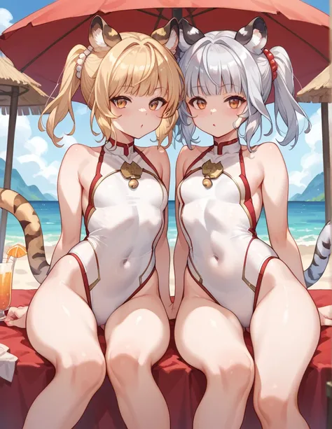 bai and huang, Multiple Girls , blond hair, Silver Hair, small breasts,
2girls,giggles, thighs, swimsuit