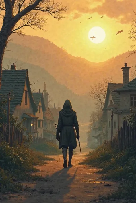 The village at peace – A serene final scene showing the thief walking away, deep in thought, while the village remains calm and protected under a beautiful sunrise.