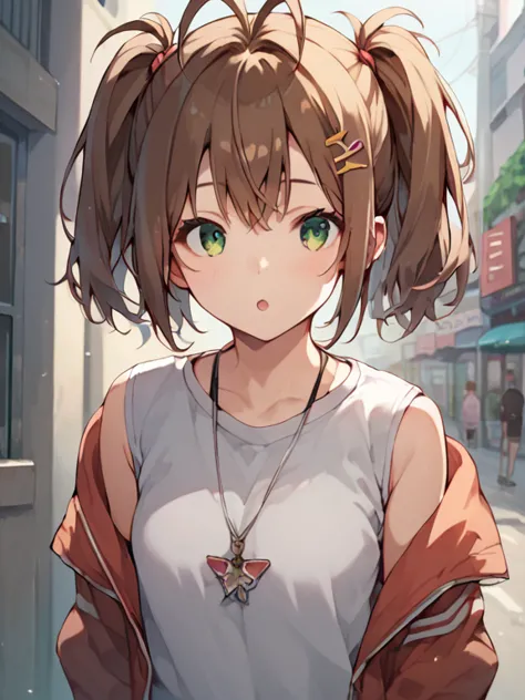  score_9,  score_8_ up,  score_7_ up,  score_６,  score_5_ up,  score_4_ up， anime break ，nsfw，  uncensored ，  1 girl,  kinomoto sakura, Antenna Hair, Insert brown hair,  short hair, twin tails, green eye,  hair tie 　 Shameful 　Daytime in the city  　  viewe...