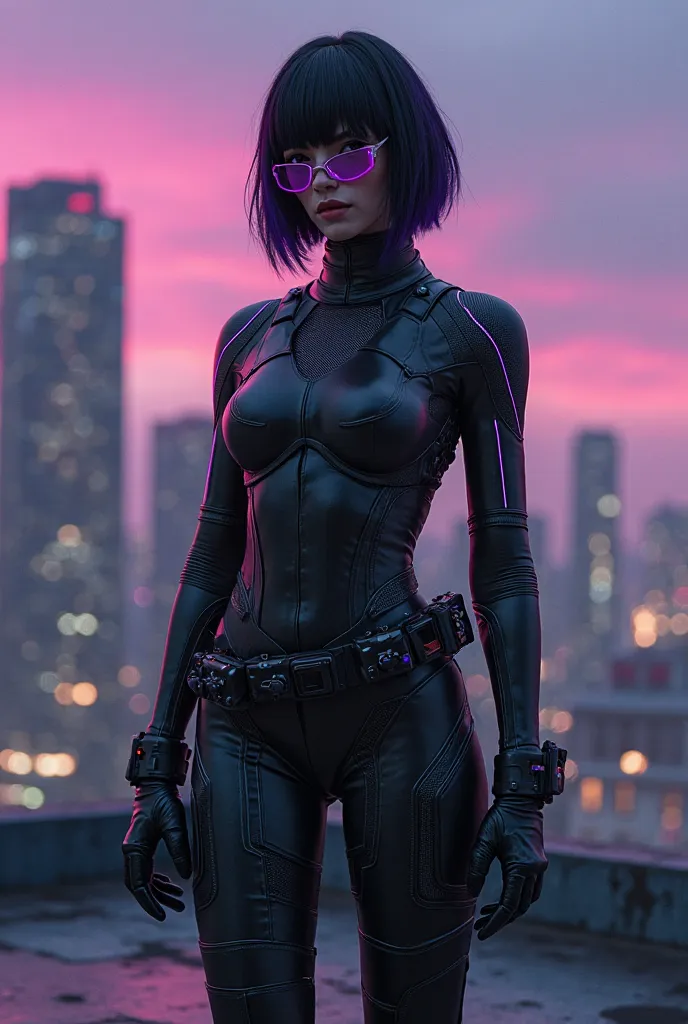 A futuristic female vigilante in a sleek, tactical bodysuit. The suit is a full-body black jumpsuit made of matte leather with dark purple accents along the arms and thighs, featuring an asymmetric cut exposing one shoulder for an edgy look. She wears fing...