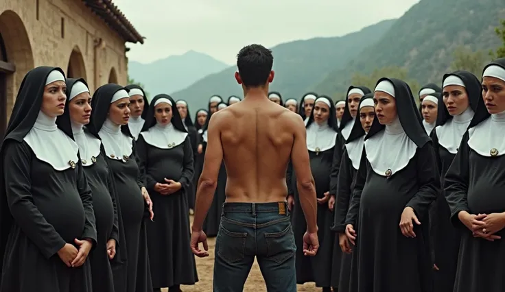 In an ancient village where a group of nuns, several of whom appear pregnant, confront a shirtless man standing in the middle. The nuns' expressions reflect anger and determination, they are holding improvised weapons. The setting features a church and a m...