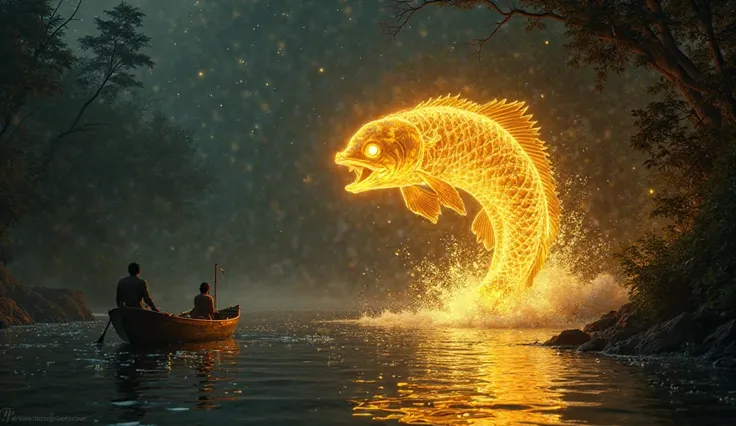 A glowing golden fish jumps out of the water near Arjun's boat, illuminating the dark river.  