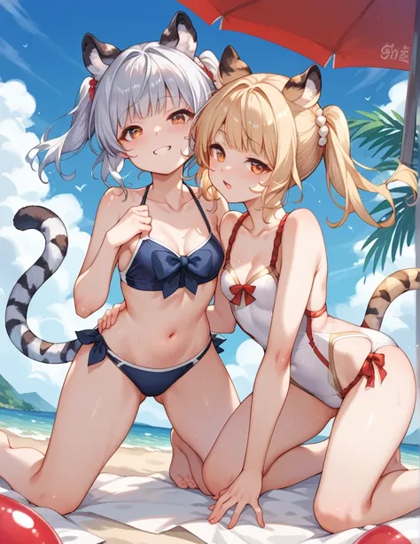 bai and huang, Multiple Girls , blond hair, Silver Hair, small breasts,On all fours
2girls,giggles, thighs, swimsuit、overlap