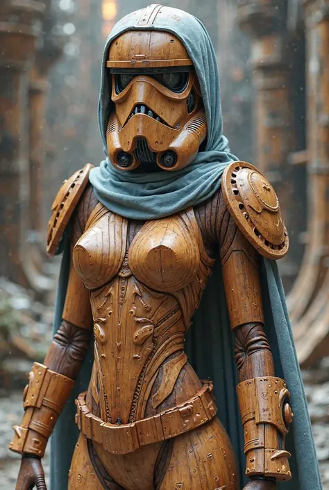 Sexy female stormtrooper (Star Wars), carved wooden leotard, wood helmet, wood armor, wood mask, wearing baby blue cape