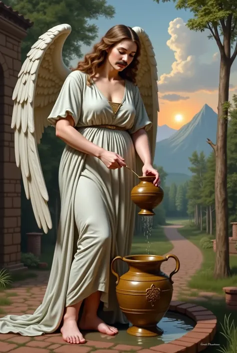 A FEMALE ANGEL, mustache, thick-bearded, winged . big breast bulge in shirt. holding 1 small urn, he poured water from a small urn into the urn below. one foot treads the pond water. One Foot on the Ground. A symbol of the shape of a large triangle on the ...